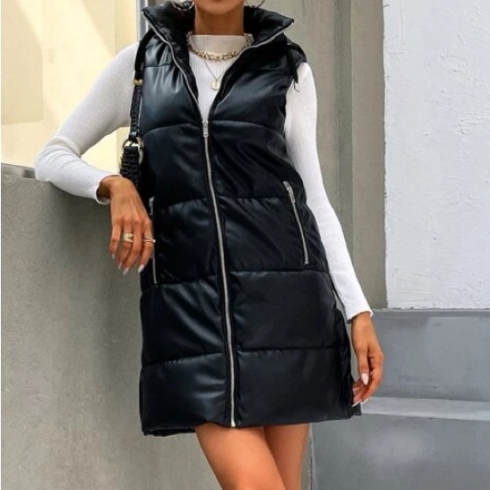 Faux black leather puffer vest